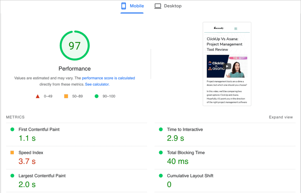 Page speed test
