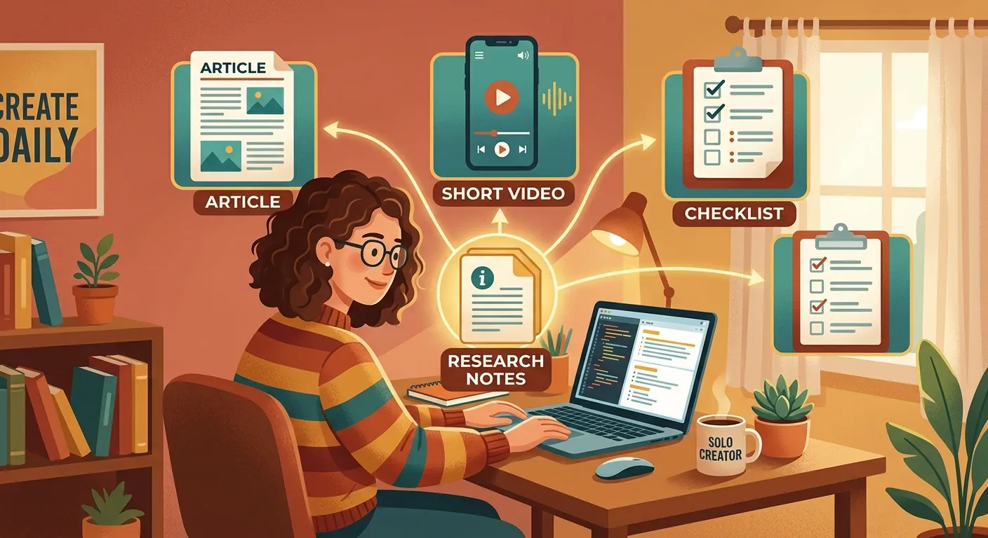 Solo creator ka repurposing workflow infographic showing views/reads.