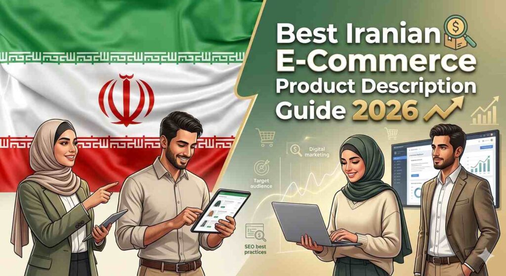 A group of professionals discussing the best Iranian E-Commerce Product Description Guide 2026 with the Iran flag in the background.